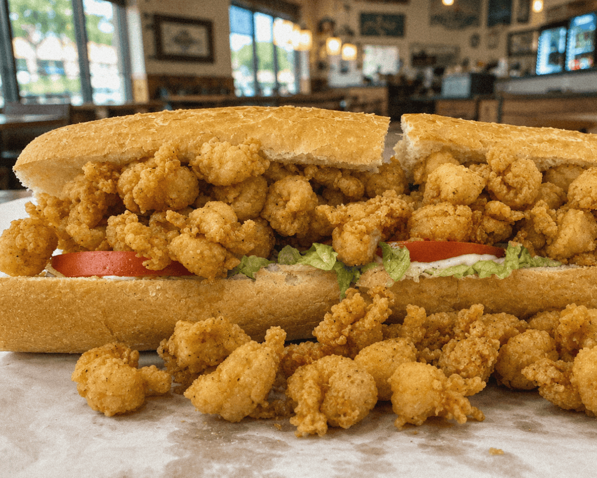 Crispy fried shrimp sandwich with lettuce, tomato, and golden fried fish fillet on a bun.
