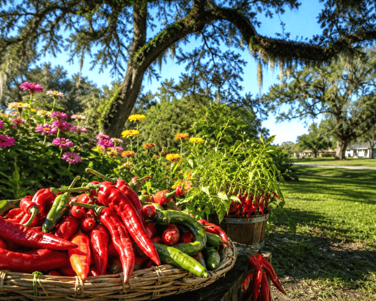 Red and green chili peppers in a basket in the outdoors on a sunny day in Avery Island Louisiana with trees, flowers and grass in the background.