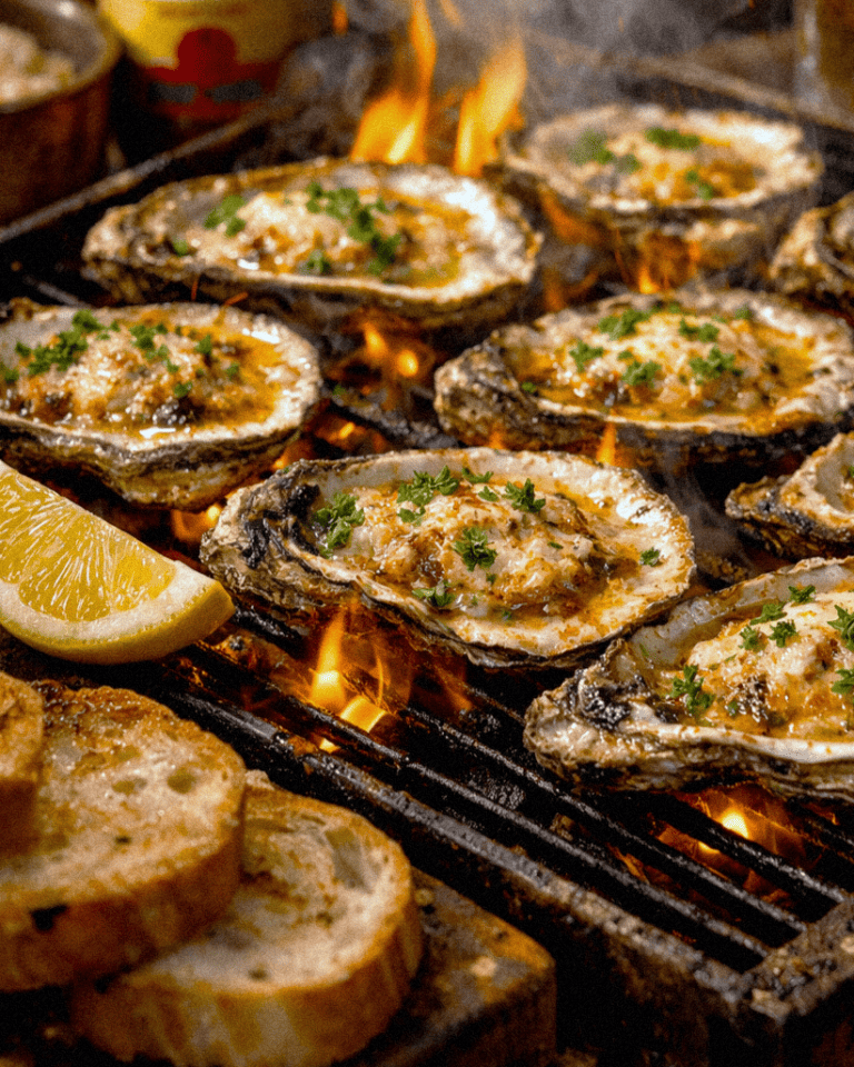 A grill with fresh oysters on top covered in garlic, butter and fresh lemon juice with flames and smoke coming up making chargrilled oysters.