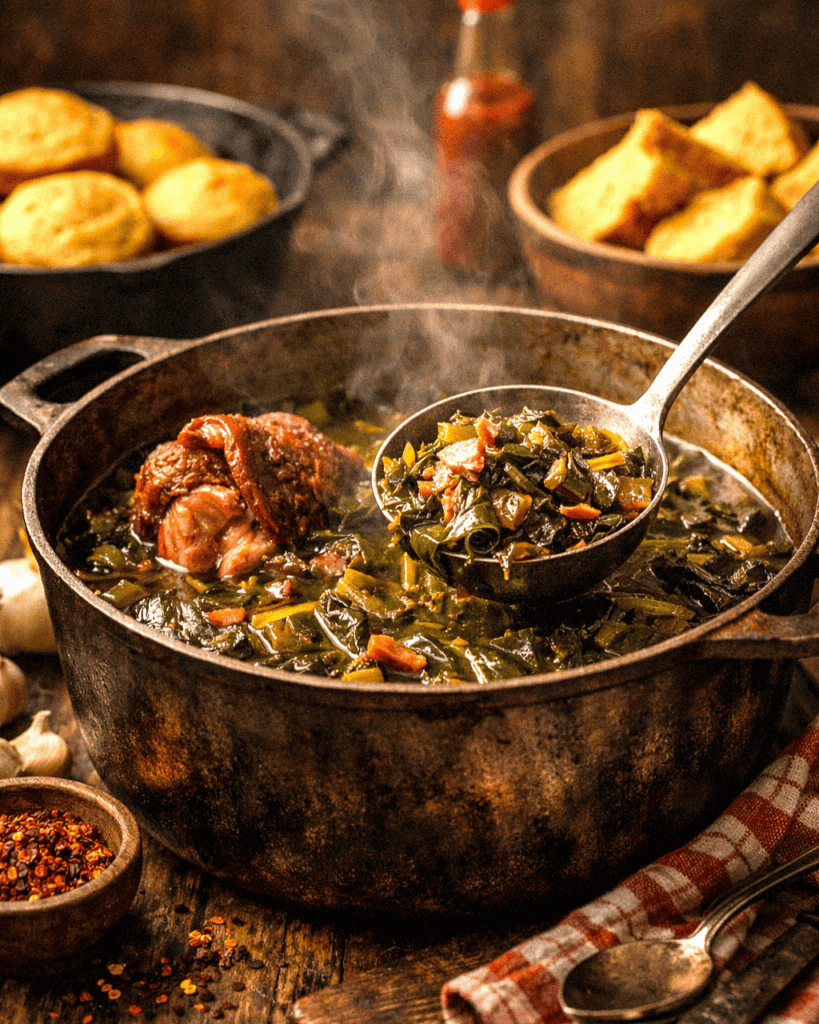 Delicious steaming collard greens served in a rustic pot with cornbread on the side.