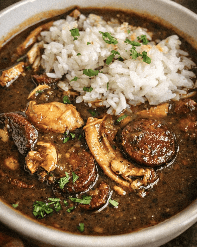 A bowl of Louisiana gumbo made with dark roux with smoked sausages and chicken in it topped with fresh herbs and parsley.
