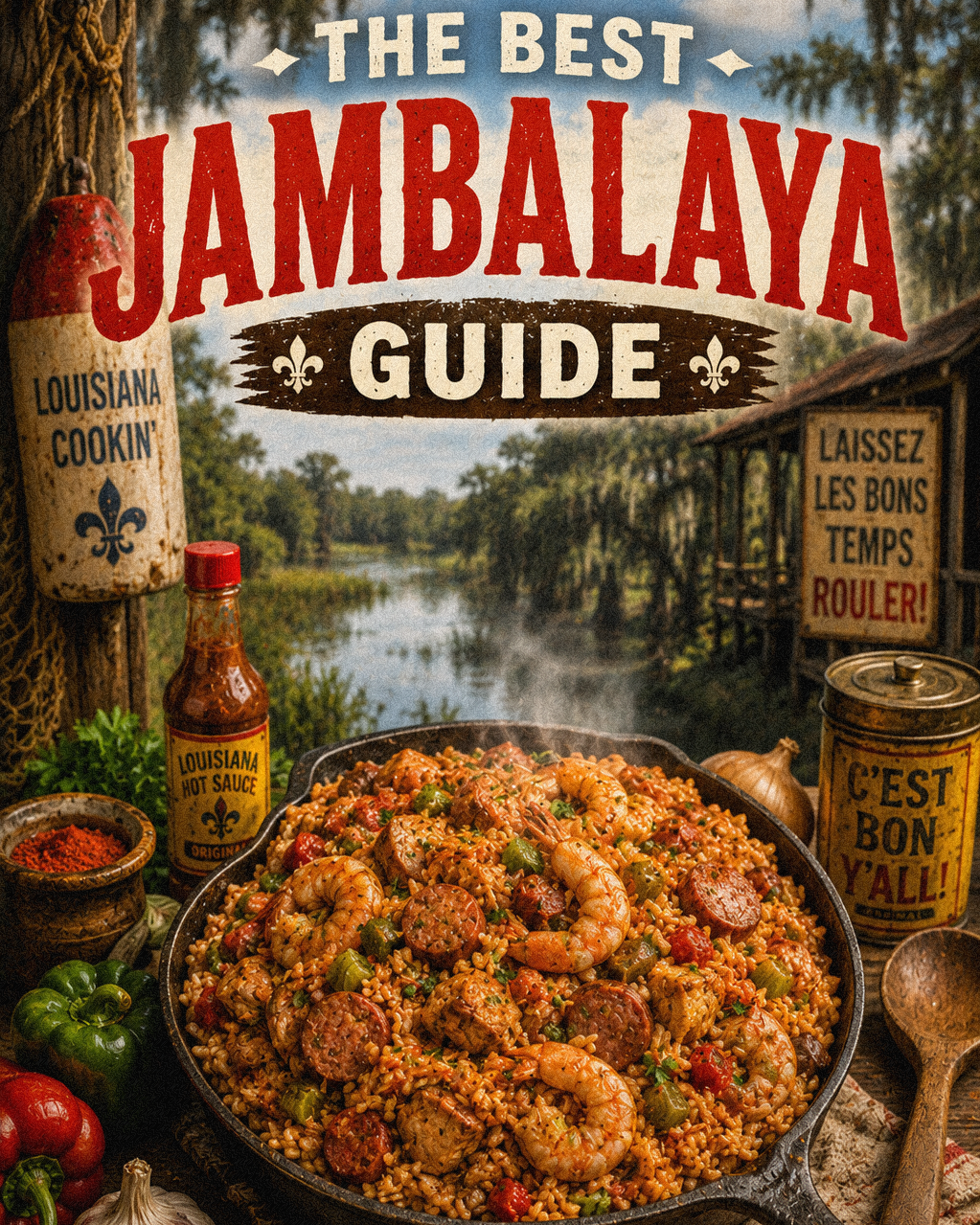 A delicious display of pot of Louisiana Jambalaya with a making guide and fresh ingredients.