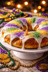 Bright Mardi Gras King Cake with colorful sprinkles and beads for celebration.
