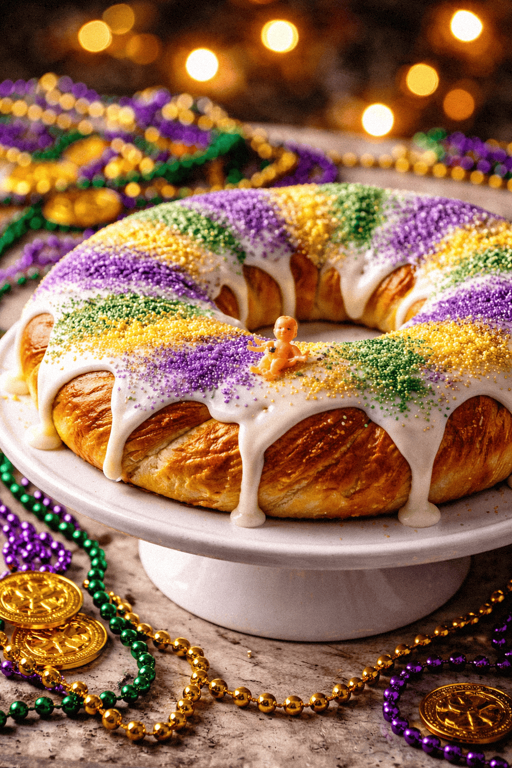 Bright Mardi Gras King Cake with colorful sprinkles and beads for celebration.