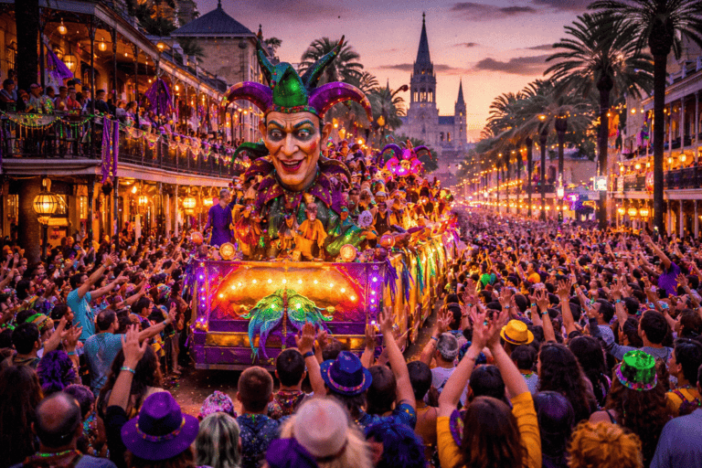 Colorful Mardi Gras parade float with large jester head in New Orleans at sunset.