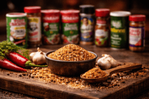 Louisiana Season-all brands lined up on a table with all-purpose seasoning spices in a bowl with garlic, chili peppers, and spice jars in the background.