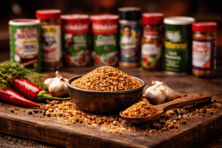 Louisiana Season-all brands lined up on a table with all-purpose seasoning spices in a bowl with garlic, chili peppers, and spice jars in the background.