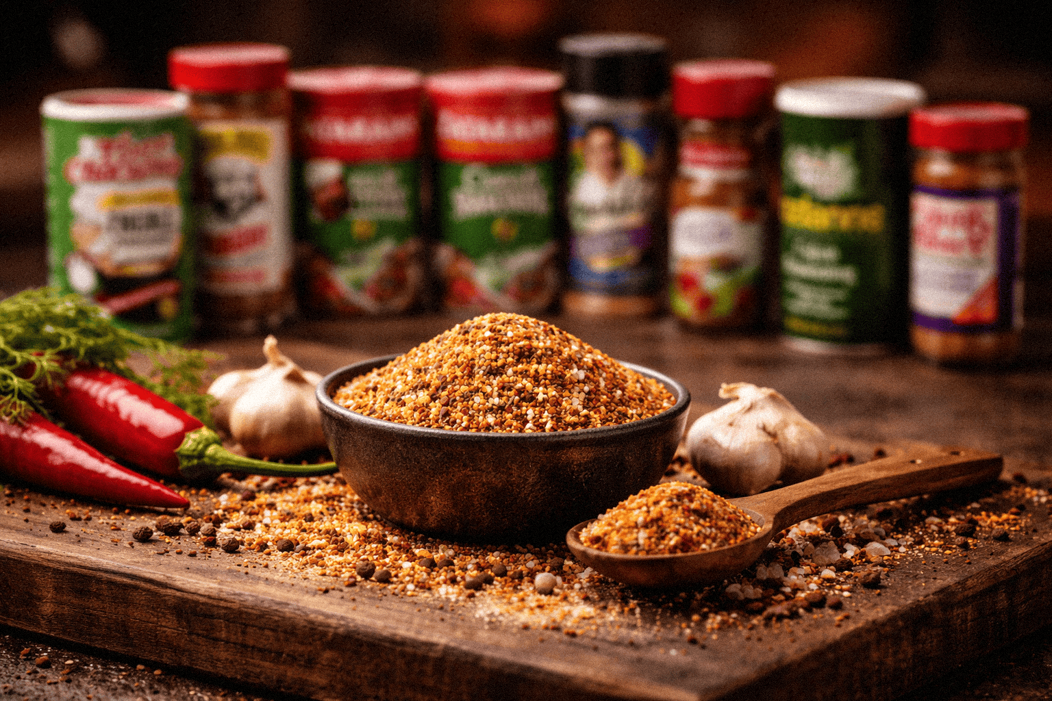 Louisiana Season-all brands lined up on a table with all-purpose seasoning spices in a bowl with garlic, chili peppers, and spice jars in the background.
