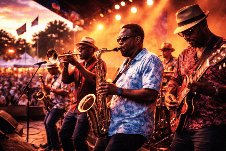 Vibrant live jazz band performing outdoors at sunset in Louisiana with energetic musicians and colorful stage lighting.