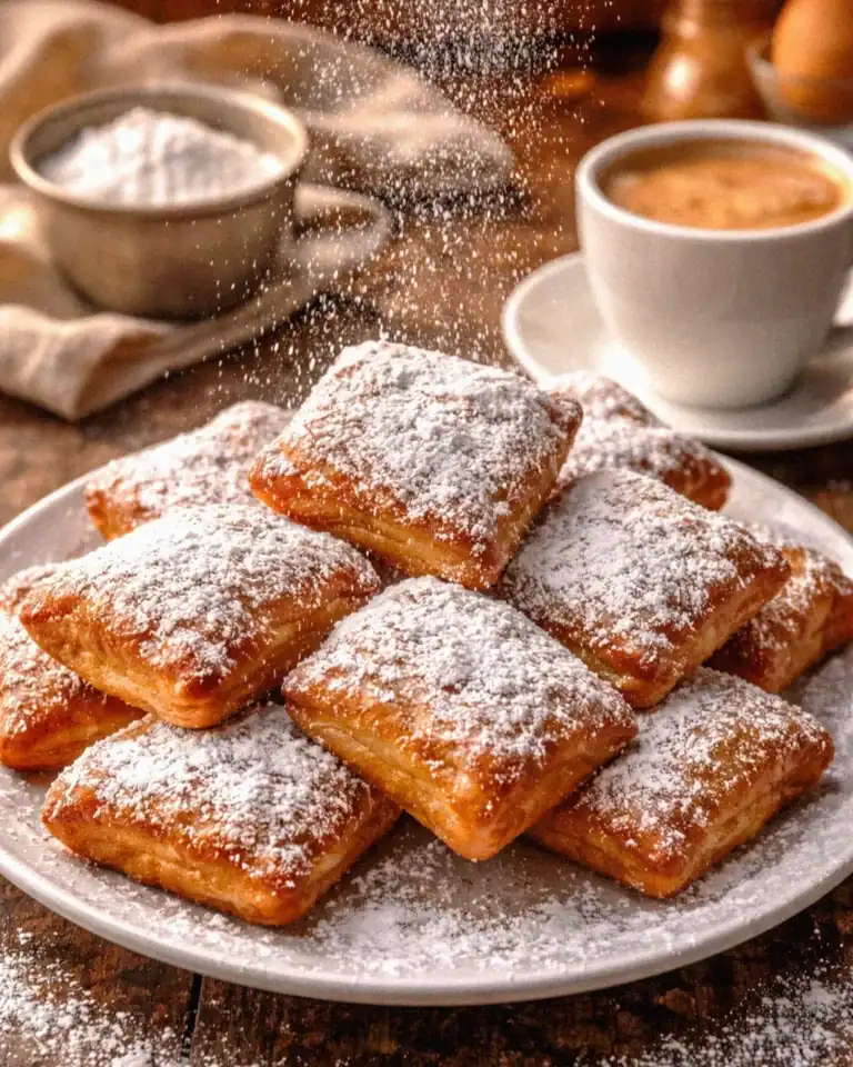 Delicious golden fresh cooked beignets dusted with powdered sugar, served with coffee.