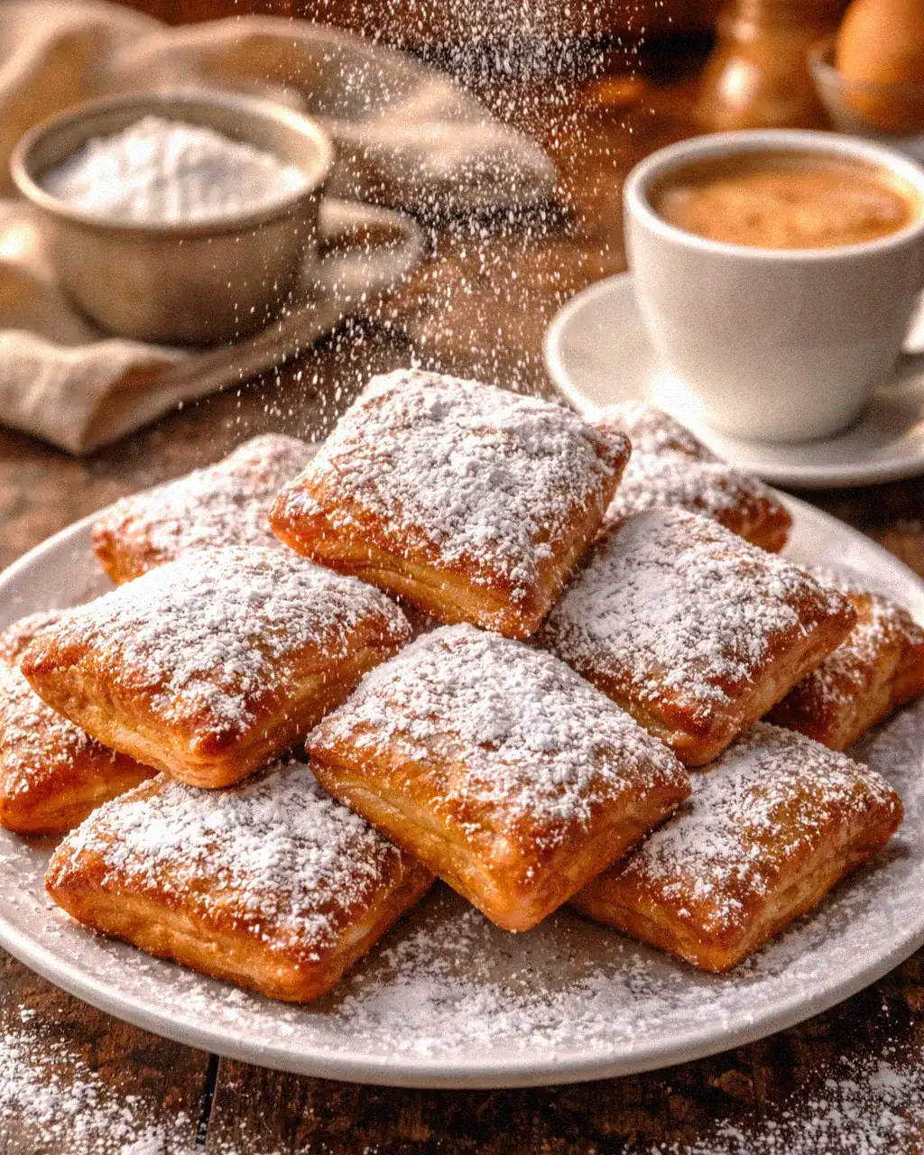 Delicious golden fresh cooked beignets dusted with powdered sugar, served with coffee.