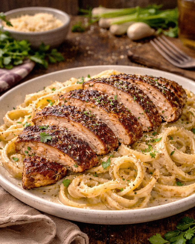 A plate of creamy chicken alfredo pasta topped with a piece of blackened chicken seasoned well and full of juices.