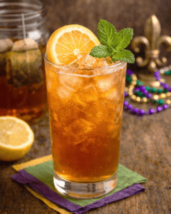 Refreshing iced tea and bourbon with lemon and mint garnish on a rustic wooden table.
