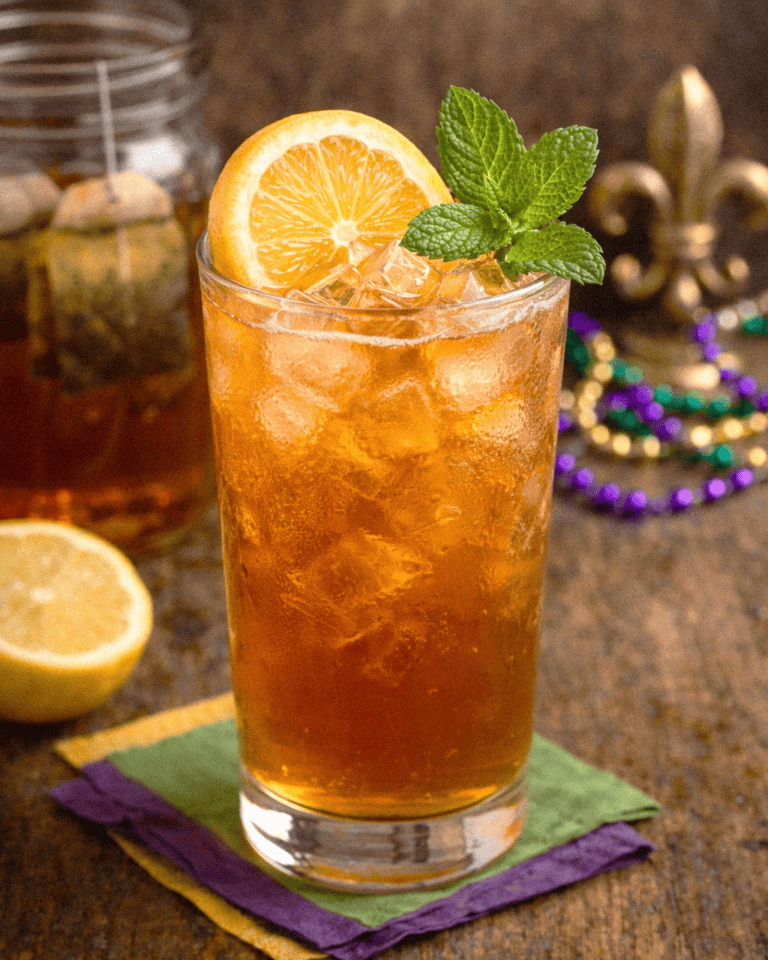 Refreshing iced tea and bourbon with lemon and mint garnish on a rustic wooden table.