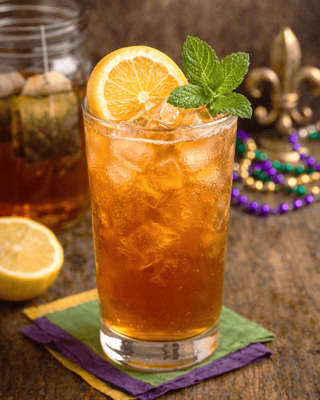 Refreshing iced tea and bourbon with lemon and mint garnish on a rustic wooden table.