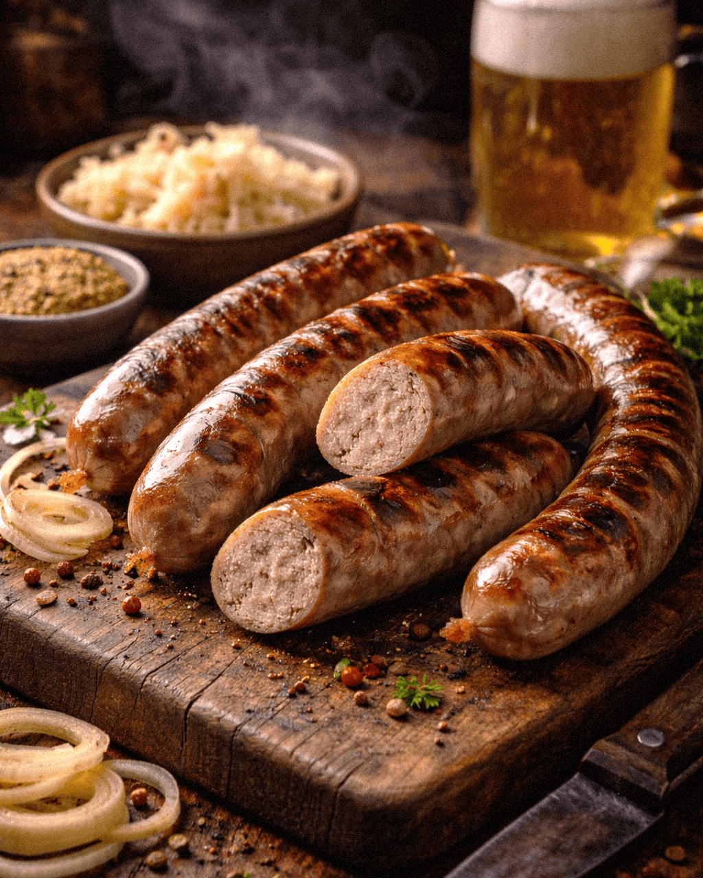 Juicy grilled bratwurst sausages served with onions, spices, mashed potatoes, and a cold beer.