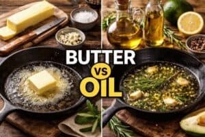 Butter and oil cooking comparison with butter melting and olive oil in pans.