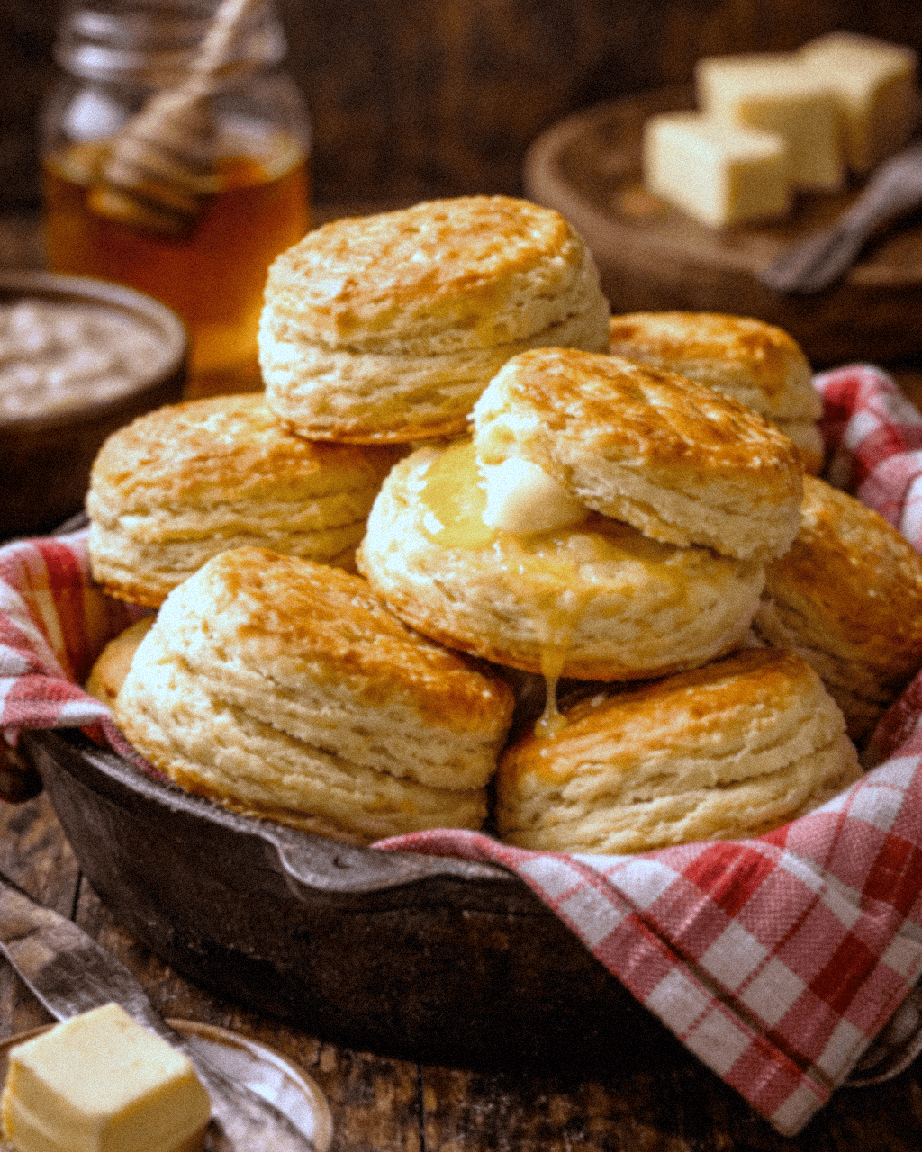 Buttermilk biscuits stacked in a bowl with melted butter, perfect for breakfast or brunch.