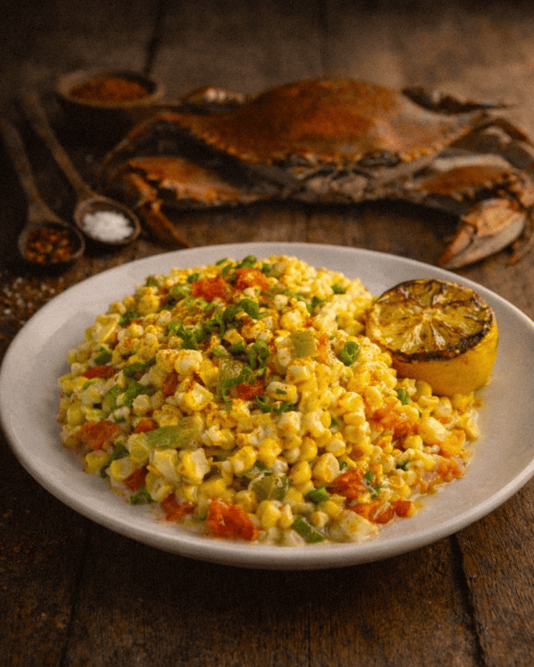 Creamy Corn Maque Choux a Louisiana corn dish served lemon wedge and a steamed crab on a rustic wooden table.