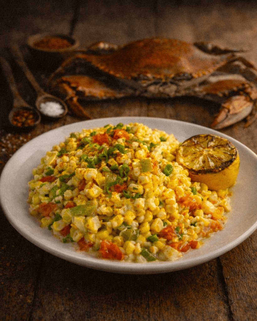 Creamy Corn Maque Choux a Louisiana corn dish served lemon wedge and a steamed crab on a rustic wooden table.