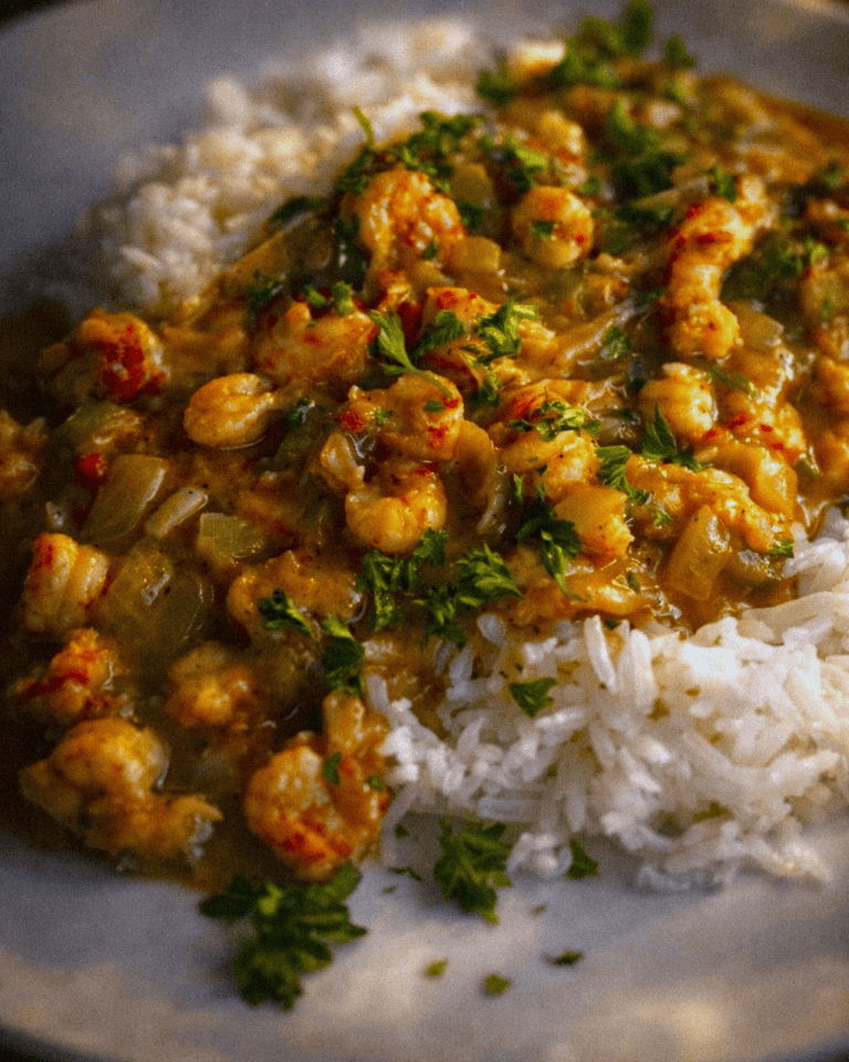 Delicious and creamy crawfish etouffee served over white rice, garnished with fresh parsley.