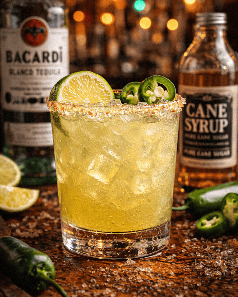 Margarita cocktail with lime, jalapeño slices, and salted rim on a bar counter with liquor bottles in backgroud.