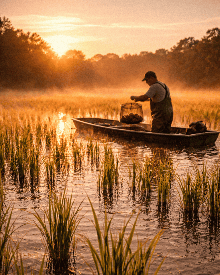 Fisherman in a boat harvesting crawfish in a rice field at sunrise in a wetland landscape.