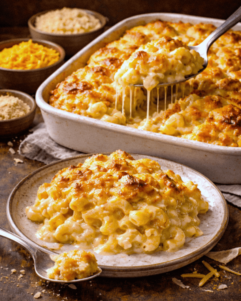 Delicious baked macaroni and cheese with golden, crispy topping and creamy cheese sauce.