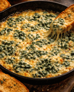 Delicious creamy spinach and cheese dip served in a skillet with toasted bread.
