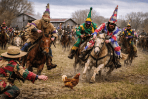 Colorful cowboys in festive costumes during the Courir De Mardi Gras riding horses and chasing chickens during a lively outdoor event.