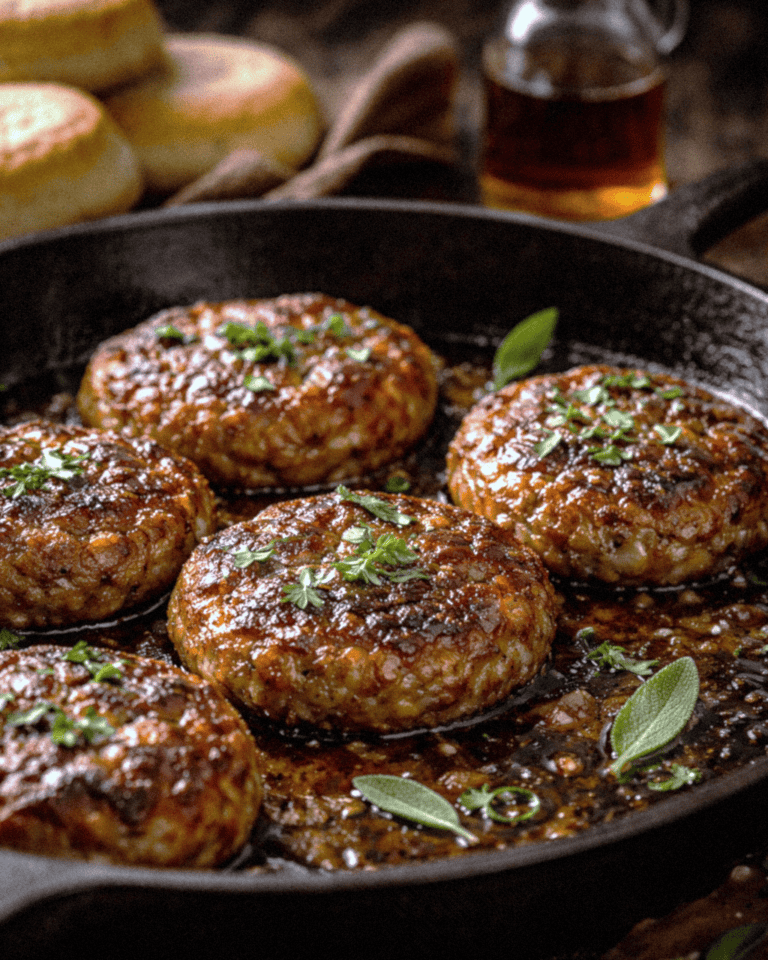 Delicious homemade breakfast sausage patties cooking in a skillet with herbs and sauce.