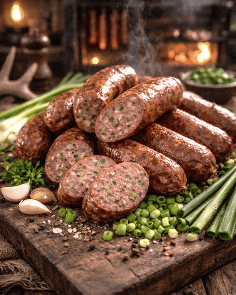 Juicy smoked green onion deer venison sausage sliced open with herbs, garlic, and green onions on a rustic wooden board.
