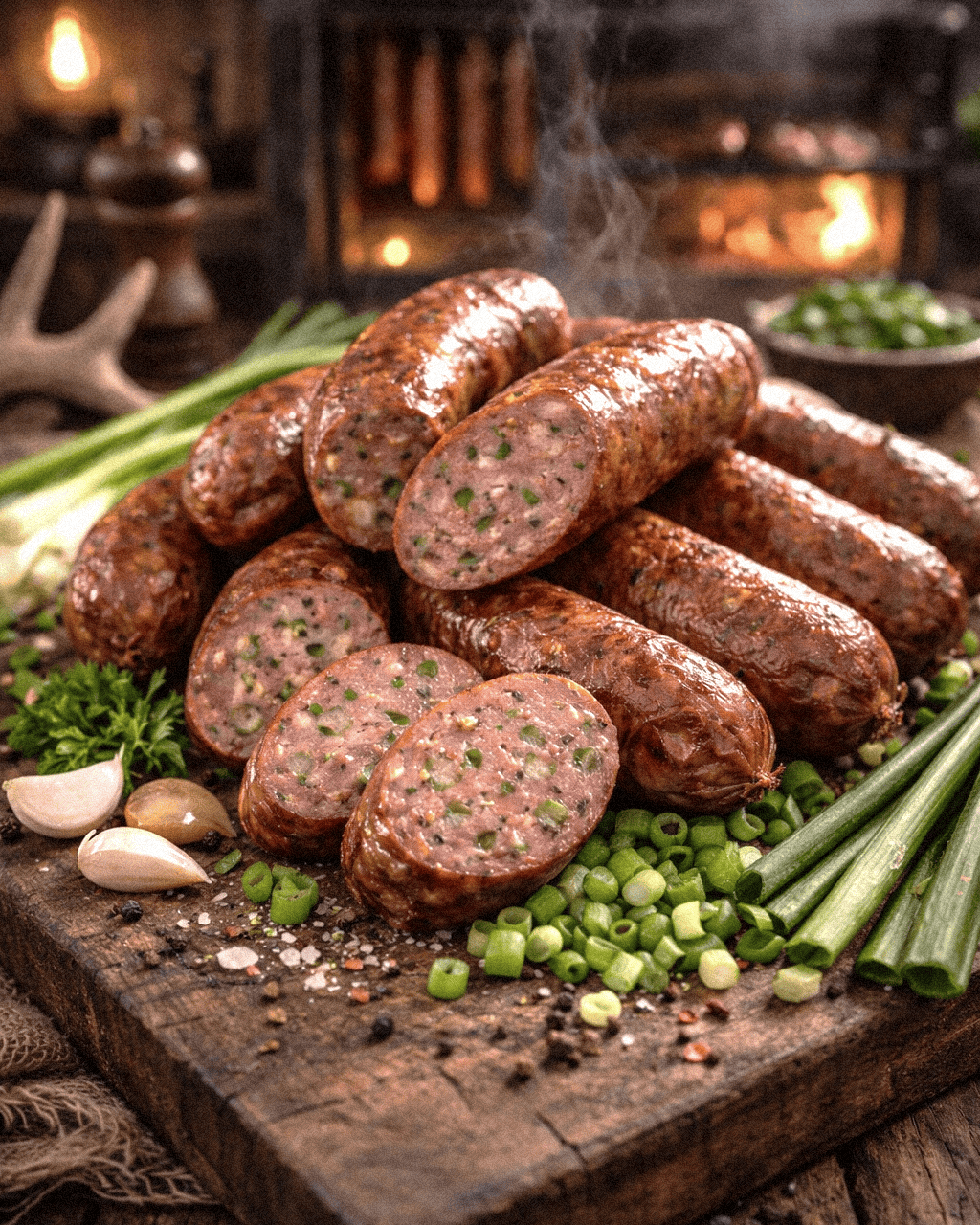 Juicy smoked green onion deer venison sausage sliced open with herbs, garlic, and green onions on a rustic wooden board.