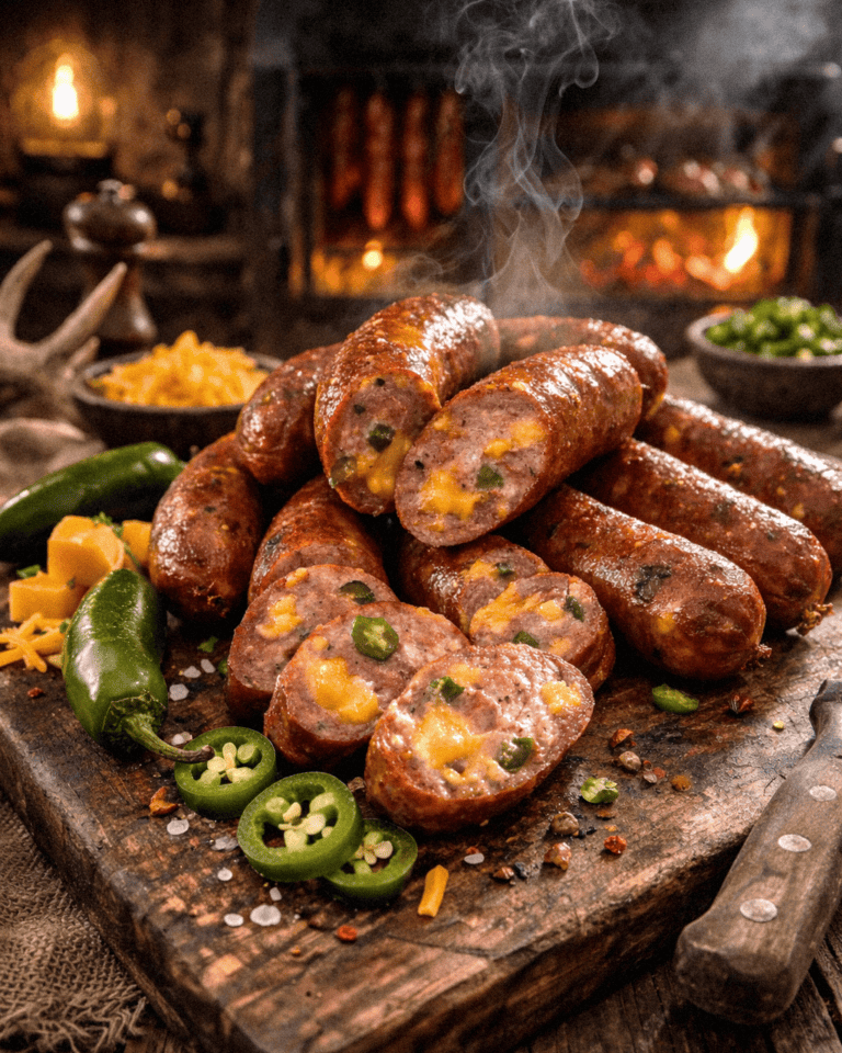 Juicy smoked Jalapeno Cheddar deer venison sausage with green jalapeno peppers on a rustic wooden board, steaming hot and flavorful.