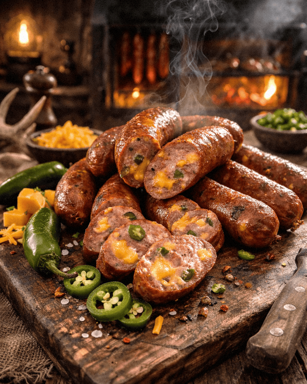 Juicy smoked Jalapeno Cheddar deer venison sausage with green jalapeno peppers on a rustic wooden board, steaming hot and flavorful.