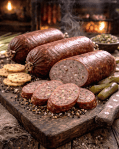 A savory smoked venison summer sausage platter with sliced and whole sausages, pickles, and crackers on a rustic wood.