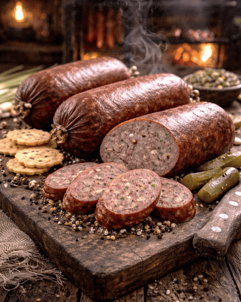 A savory smoked venison summer sausage platter with sliced and whole sausages, pickles, and crackers on a rustic wood.
