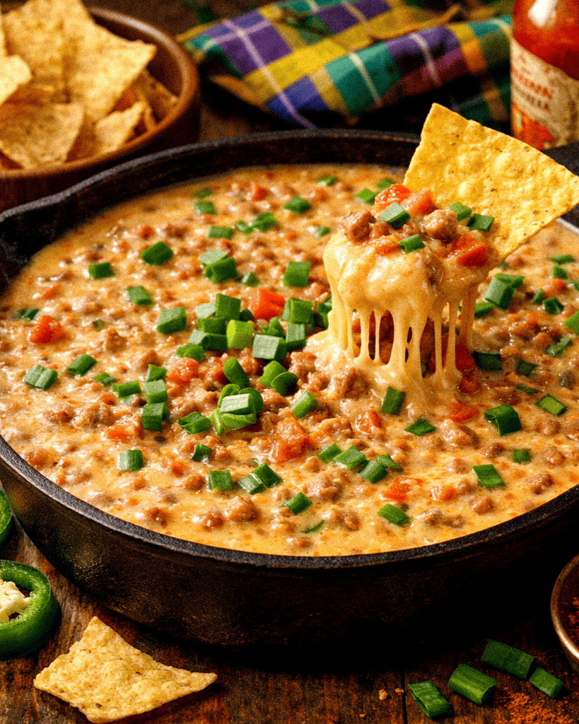 Creamy queso cheese dip with green onions and tortilla chips in a skillet.