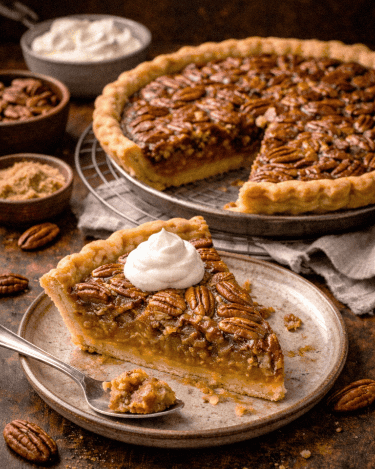 A delicious pecan pie with a slice served on a plate, topped with whipped cream.