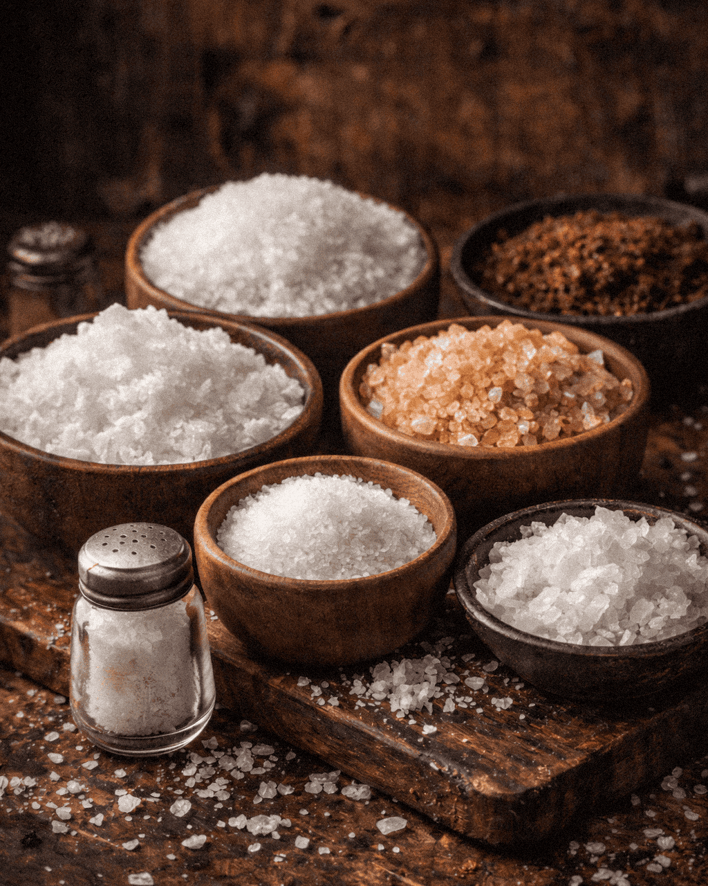 Coarse sea salts, Himalayan salts and table salts in wooden bowls on rustic wooden surface for cooking or seasoning.