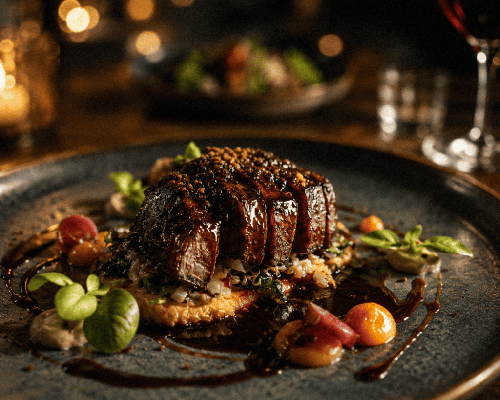 Delicious seared steak served with vegetables and rich sauce on a black plate at a high end restaurant.