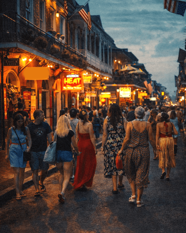 Bright evening Bourbon Street scene with pedestrians walking along lively shops and restaurants in a historic setting.