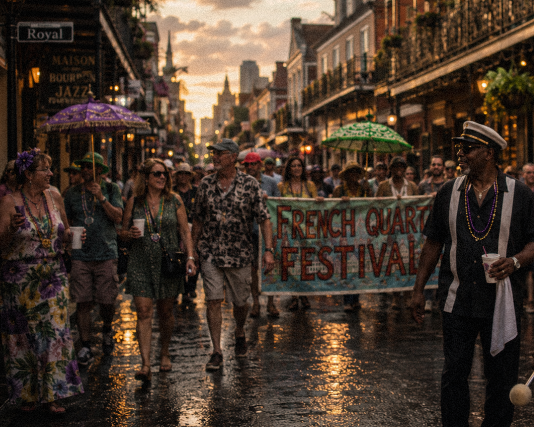 People celebrating the French quarter festival in Louisiana walking down new Orleans streets.