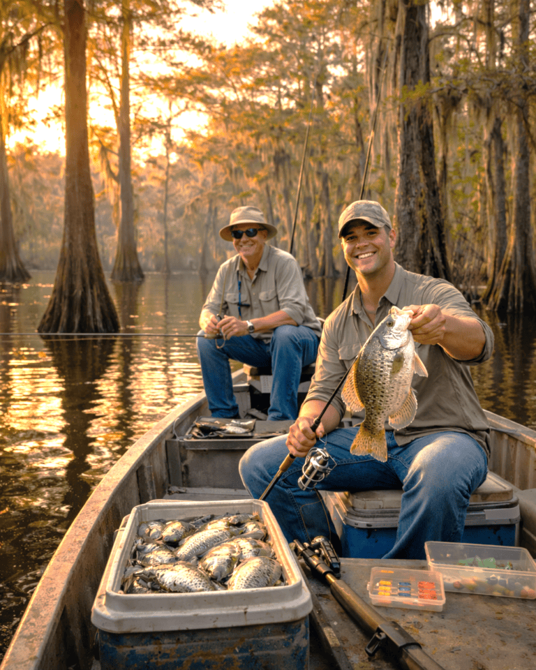 Fishing in a swamp at sunset with two anglers catching sacalait holding one fish, surrounded by tall cypress trees.