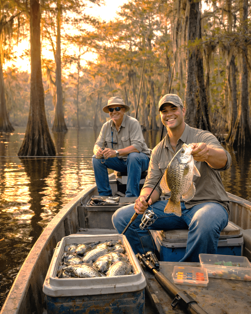 Fishing in a swamp at sunset with two anglers catching sacalait holding one fish, surrounded by tall cypress trees.