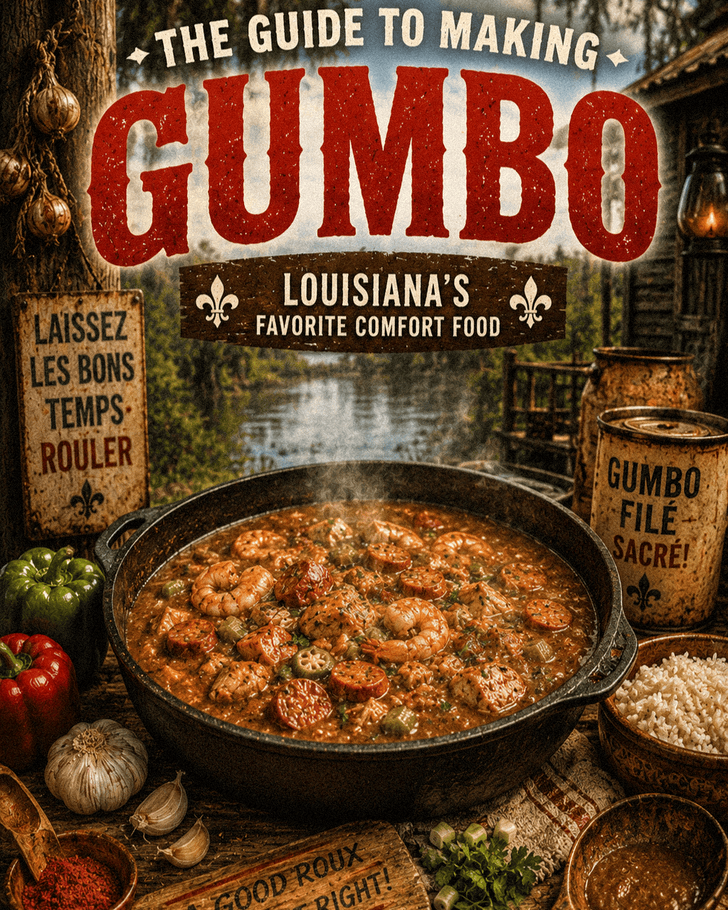 A delicious pot of gumbo with shrimp, sausage, and vegetables in a rustic outdoor setting.
