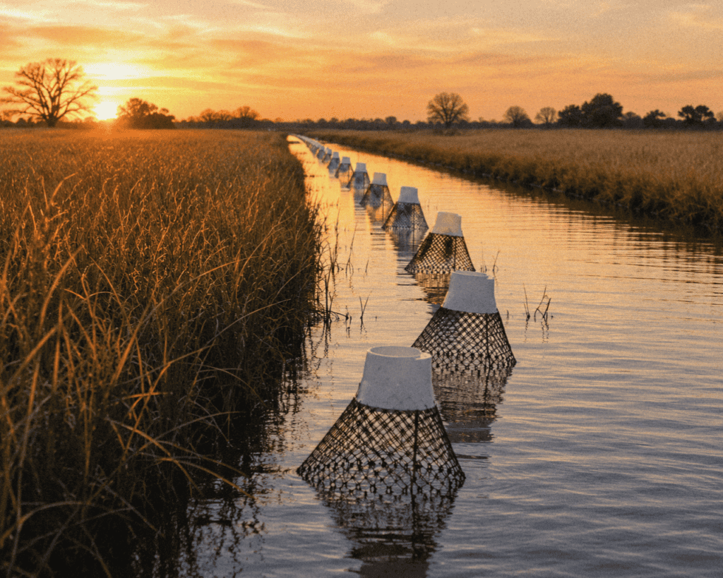 Sunset over a rice field with traditional crawfish fishing traps in a rural field at dusk.