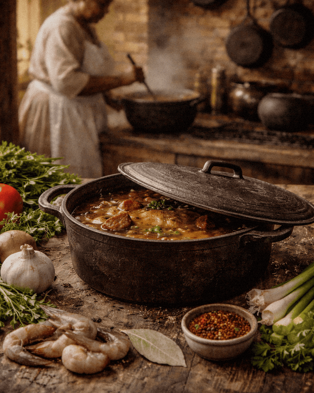 Rustic gumbo being cooked in cast iron pot with herbs, garlic, and spices on a wooden table.
