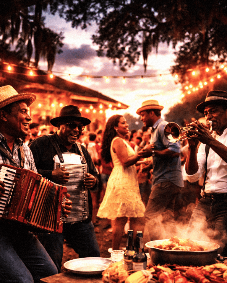 Musicians playing zydeco instruments and dancing at outdoor Louisiana festival during sunset.
