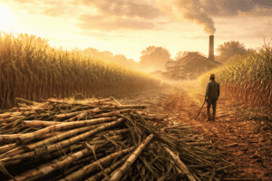 Farm worker in sugarcane field during sunset with smoke in the background, rural agricultural scene.